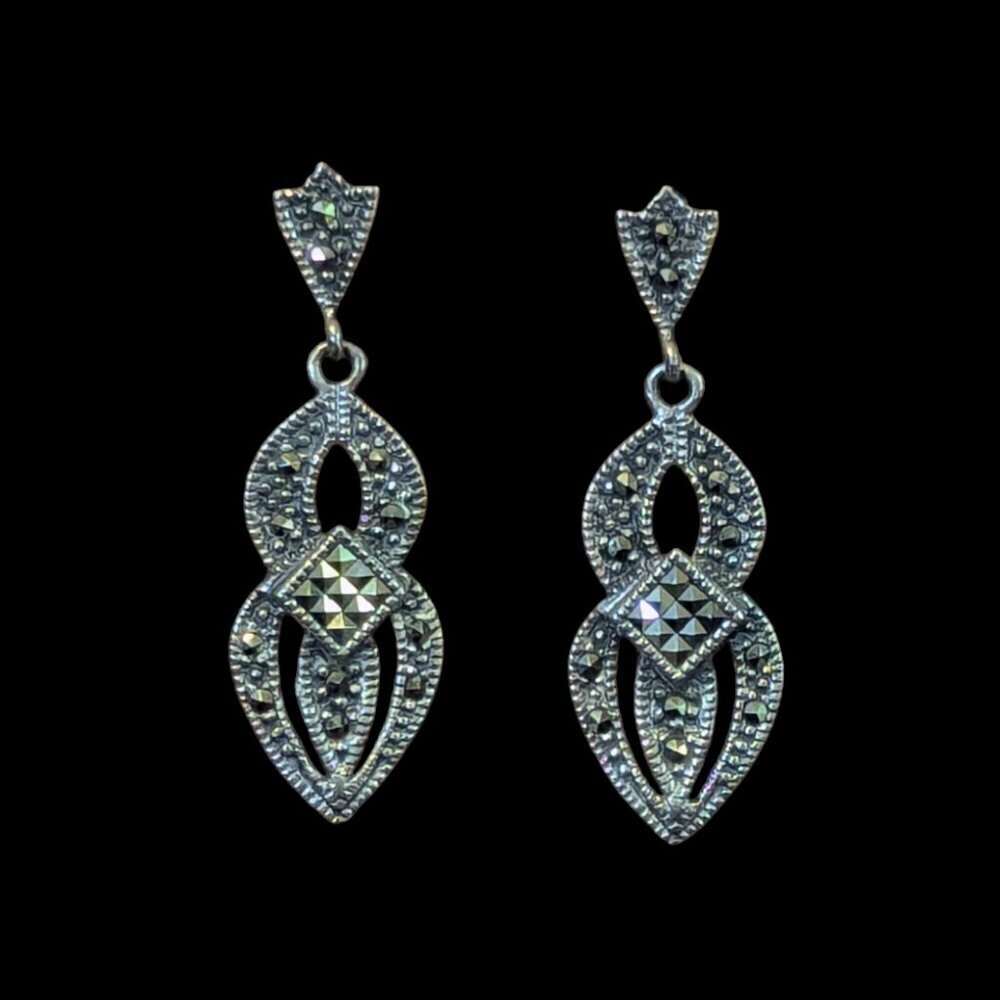 Vintage Marcasite Earrings Silver Teardrop‎ Pendant Drop Dangle Art Deco Costume